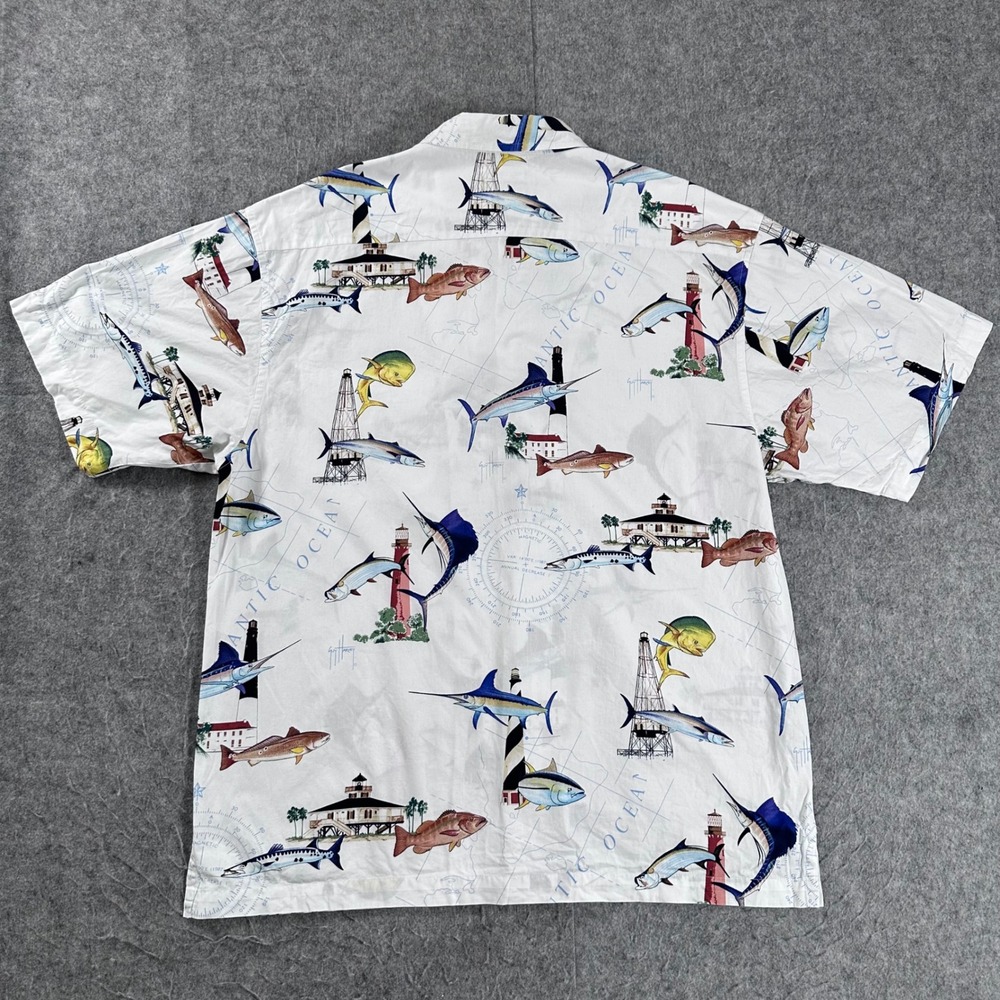 Guy Harvey AFTCO Bluewater Mens Large White Atlantic Ocean Fish Lighthouse Shirt
